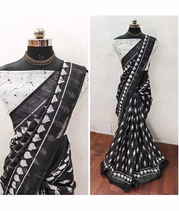 JIHANA FAB Chiffon Printed Saree With Unstitched Blouse Piece ( Black )