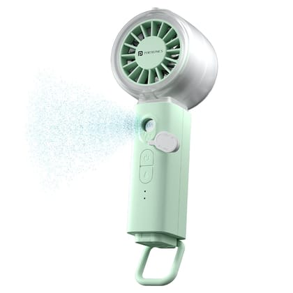 Portronics Toofan X Mist Rechargeable Handheld Fan with Mist, a compact and portable cooling solution designed to provide refreshing airflow - Green