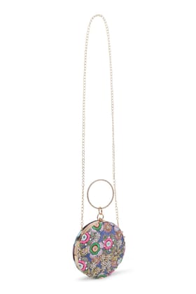 Blue Satin Printed & Thread Work Round Clutch