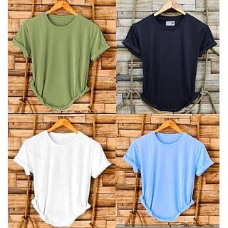 Fashlook Solid Round Neck Polyester Casual Multicolor Half Sleeve T-Shirt For Mens (Pack of 4)