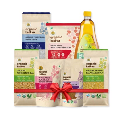 ORGANIC STARTER PACK (Wheat flour, Basmati rice, Mustard oil, Arhar dal, Moong dal yellow, Kabuli chana, Brown sugar, Natural Rock salt