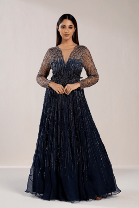 NAVY BLUE EMBROIDERED SEQUIN GOWN-XS