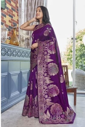 Women's Silk Printed Saree With Unstitched Blouse 5.5Mtr (Purple)-PID60264