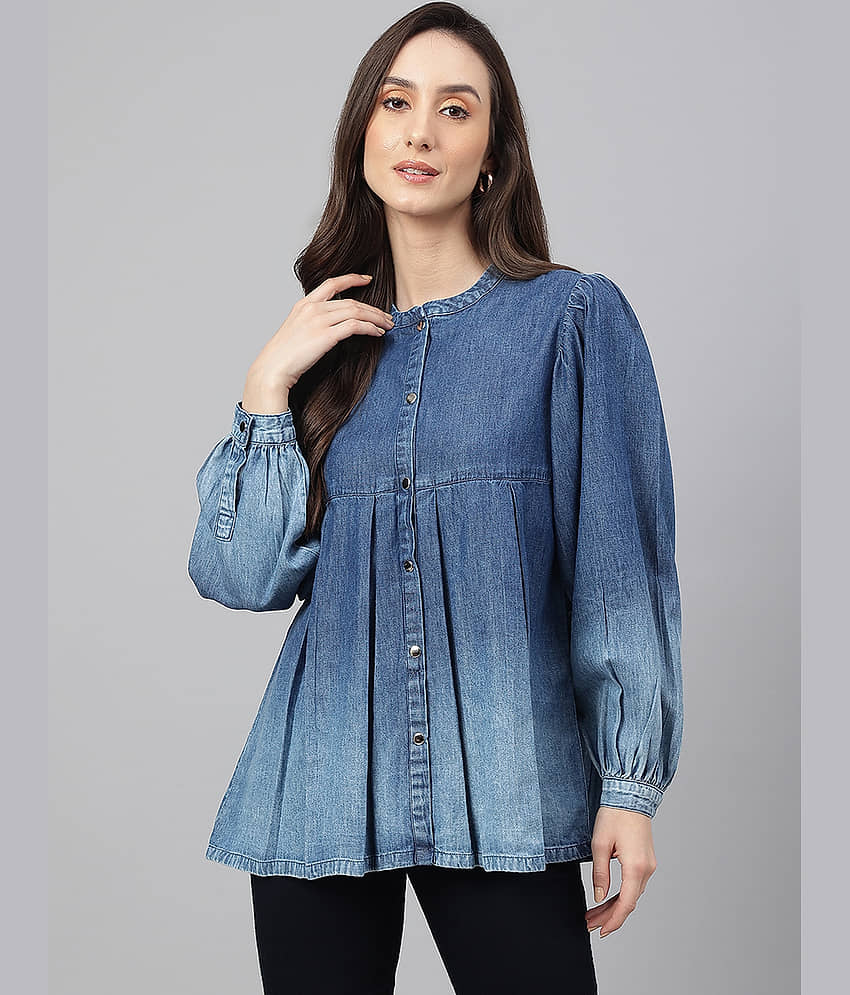 Janasya Women's Denim Peplum Top ( Blue )