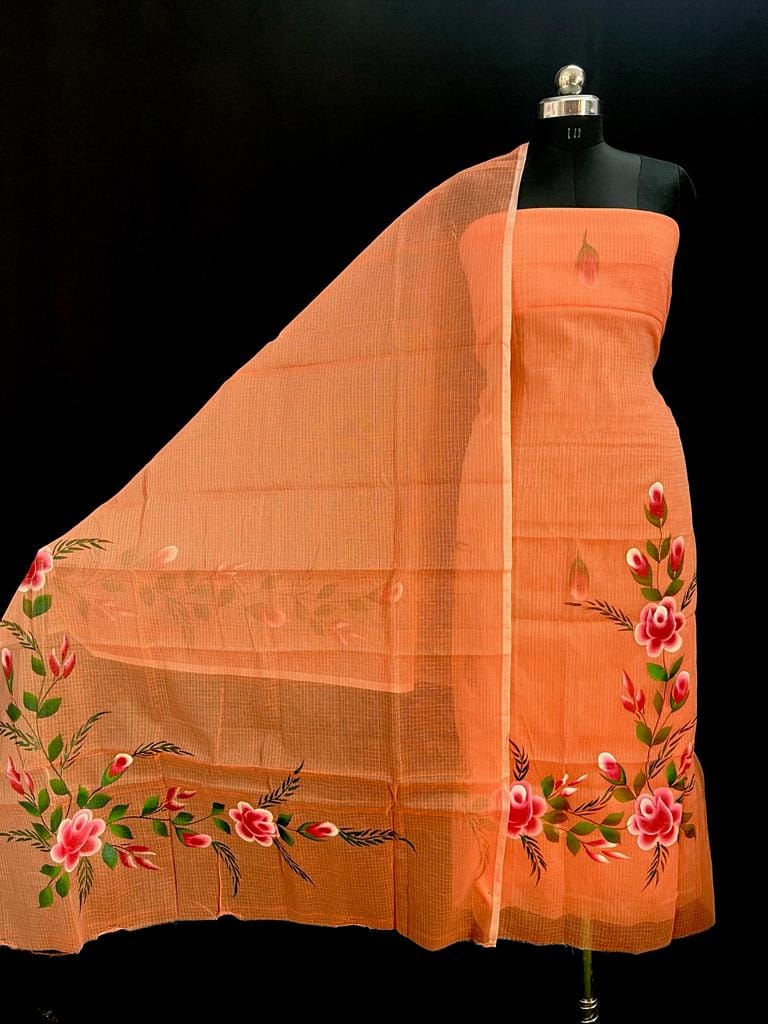 Handpainted Kota Doria Suit Orange (Top+Dupatta+Bottom)