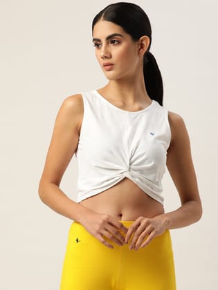 Womens Premium White Cotton Lycra Smart Fit Sleeveless Knotted Top-S / White