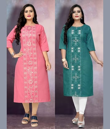 RIAANA Women Cotton Blend Embroidered Straight Kurti ( Multicolor )