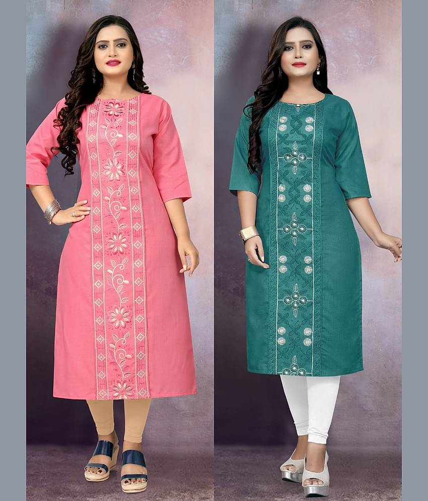 RIAANA Women Cotton Blend Embroidered Straight Kurti ( Multicolor )