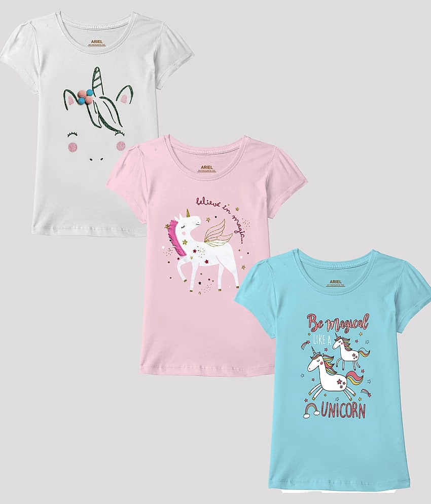Ariel Pack of 3 Girls Cotton T-Shirt ( Multicolor )