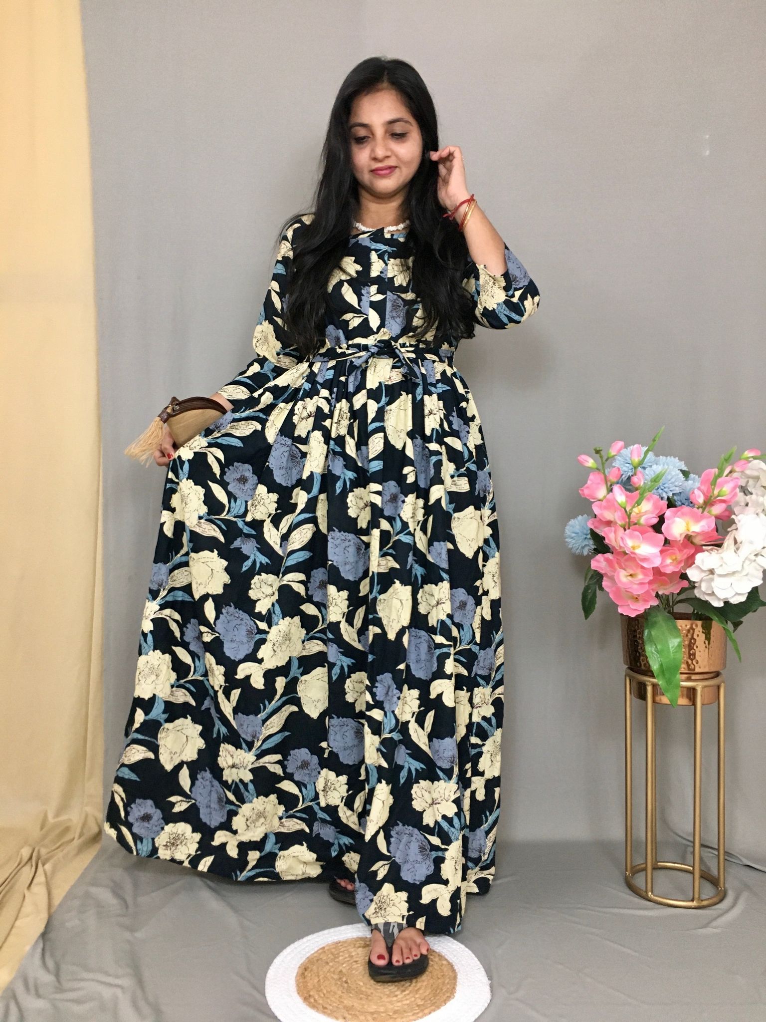 Navy Blue  - Mix Flower - Maternity Kurti with Feeding Zips - Cotton Flex - Thicker Fabric-36 - 38 ( S - M )