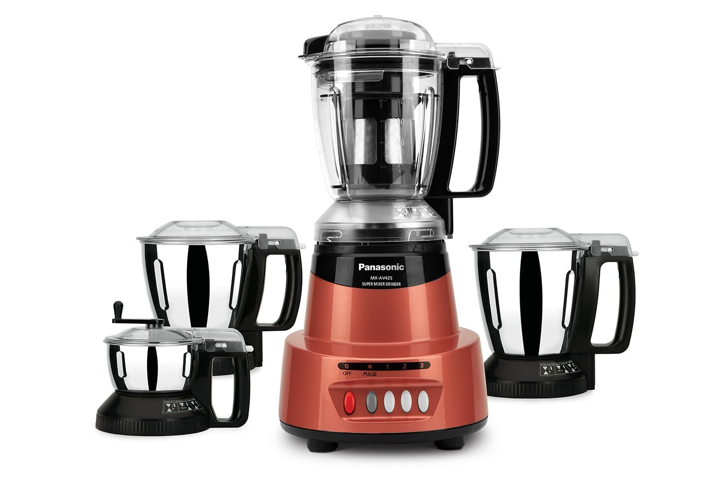 Panasonic Heavy Duty Mixer Grinder For Kitchen MX-AV425 (Rustic Red) Elements Series Powerful 1500W (MMLW) 4 Jar (Three-304 Stainless Steel & 1Juicer Extractor Jar) |5 Years Motor Warranty Panasonic Heavy Duty Mixer Grinder For Kitchen MX-AV425 (Rustic R