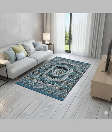 FURNISHING HUT Aqua Cotton Carpet Floral 4x6 Ft