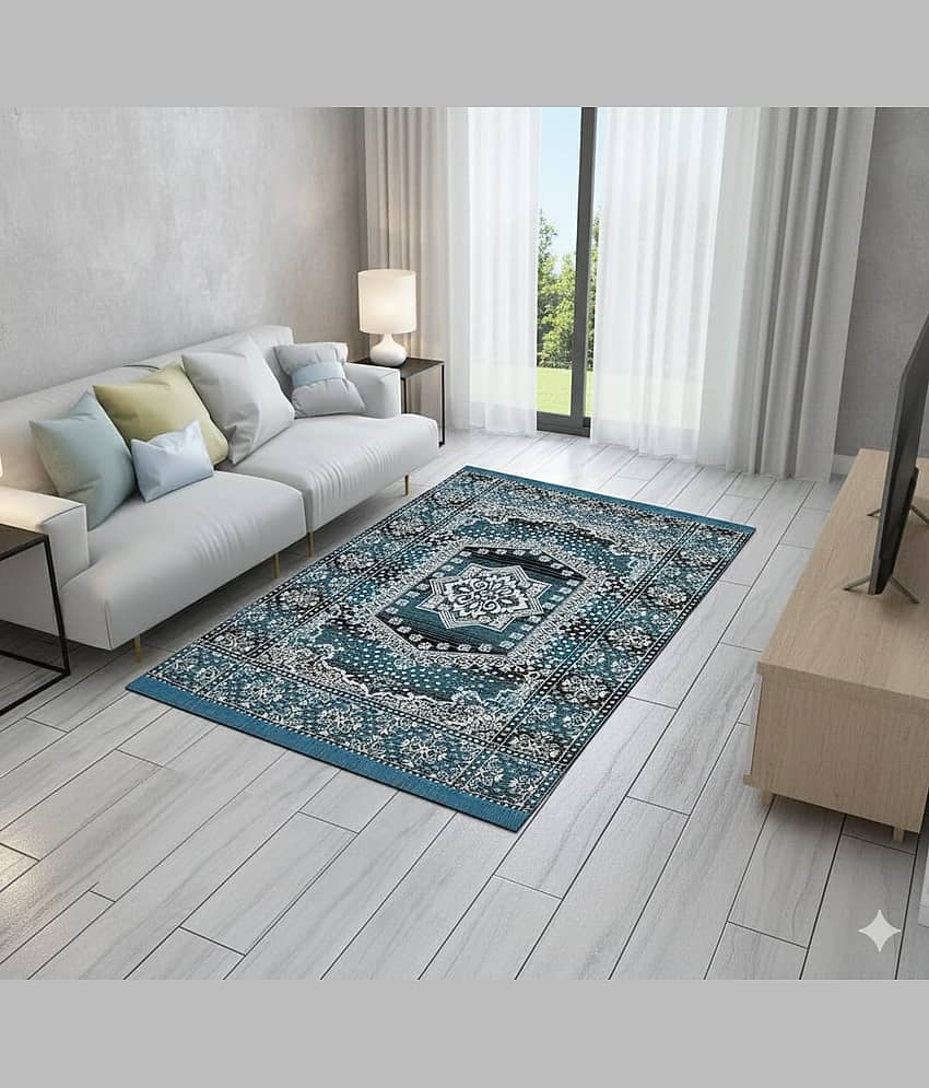 FURNISHING HUT Aqua Cotton Carpet Floral 4x6 Ft