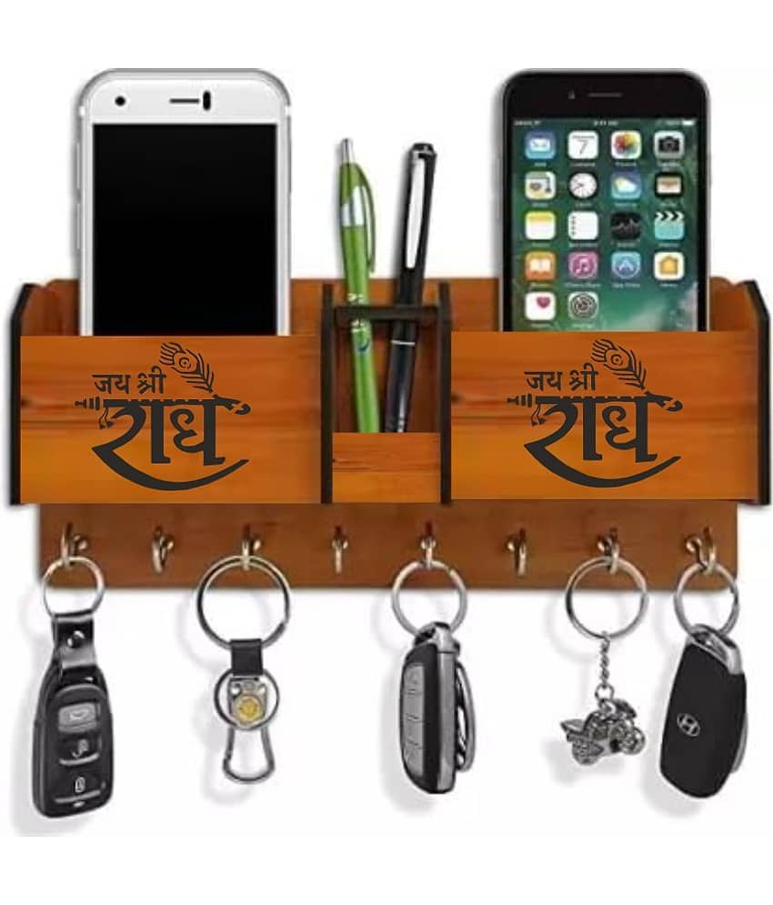 Big Boss Enterprises Jay Shree Radhe with 2 Pocket Mobile Holder, Pen Stand Wood Key Holder Stand (8 Hooks, Brown)
