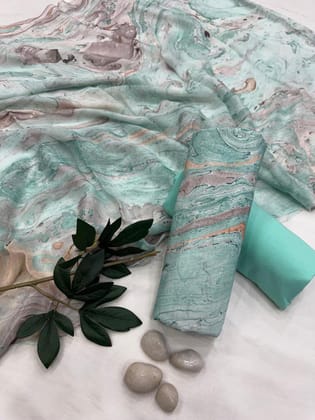 Pure Cotton Unstitched Suit With Chiffon Dupatta-As shown in picture / 2.5 mtr each / Pure cotton with chiffon dupatta