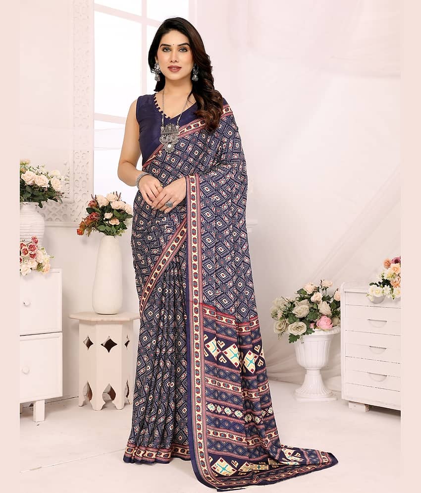 BLEESBURY Crepe Printed Saree With Unstitched Blouse Piece ( Blue )