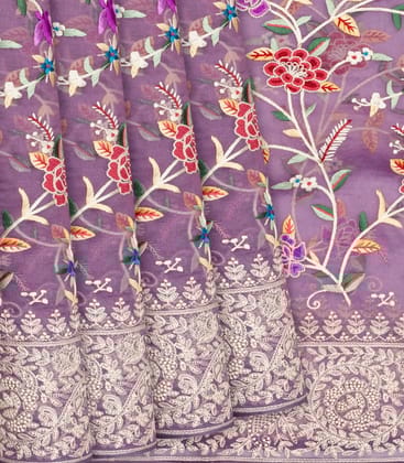 Lilac Organza Silk Saree With Meena Embroidered Motifs-Lilac-Lilac