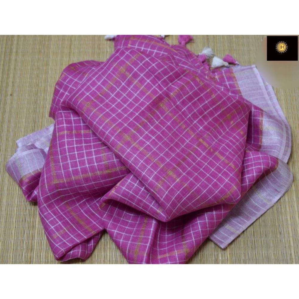 Pure Linen Check Design Handloom Dark Pink Saree