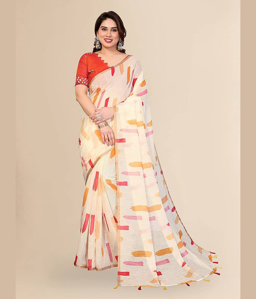 ANAND SAREES Linen Printed Regular Saree With Unstitched Blouse Piece ( White )