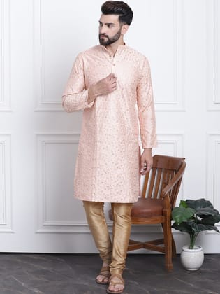Men's Silk Blend Peach Embroidered Kurta & Gold Churidaar Pyjama Set-36