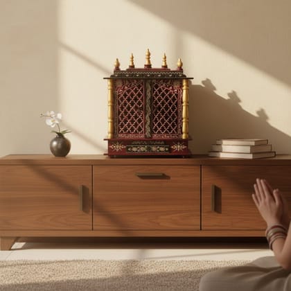 Beautiful Hand Painted Wooden Wall Temple for Home-Pooja Painted Mandir