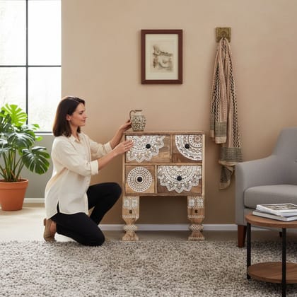Hand-Carved Bedside Table with 4 Storage Drawers – Boho Natural Finish