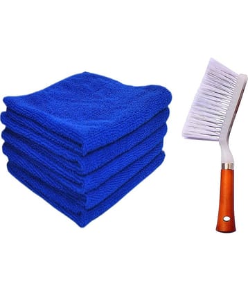 INGENS Combo of Car and Carpet Cleaning Brush and Microfiber Cleaning Cloths,40x40cms 250GSM Highly Absorbent, Lint and Streak Free,Wash Cloth for Car, Window Blue(Pack of 5 Cloth and 1 Brush)…