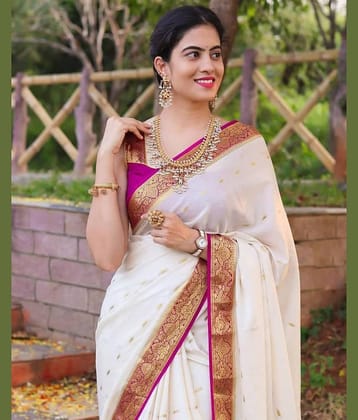 fab woven Art Silk Woven Kanjeevaram Sarees With Unstitched Blouse Piece ( White )