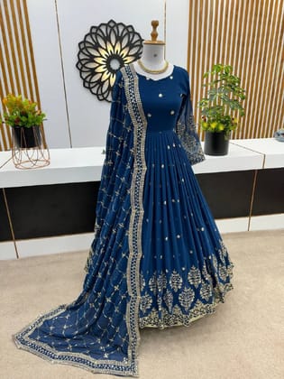 Designer Party Wear Look Full Heavy Embroidery Sequence Work Gown With Fully Stitched And Dupatta