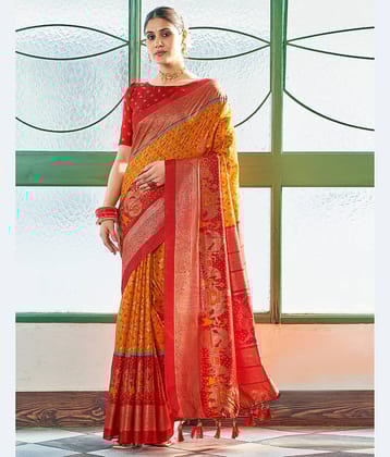 Samah Silk Printed Saree With Unstitched Blouse Piece ( Yellow )