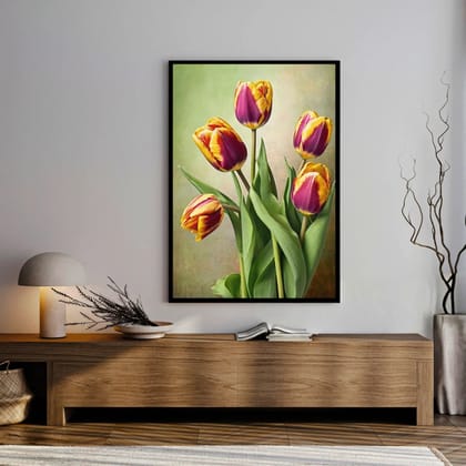 Luminary Sunlit Bouquet – Golden Tulip Cluster Museum-Quality Cotton Canvas Art for Living Room Décor | Frame Size (69 X 97 Cm) | Frame Type (Black) | 5-Year Warranty