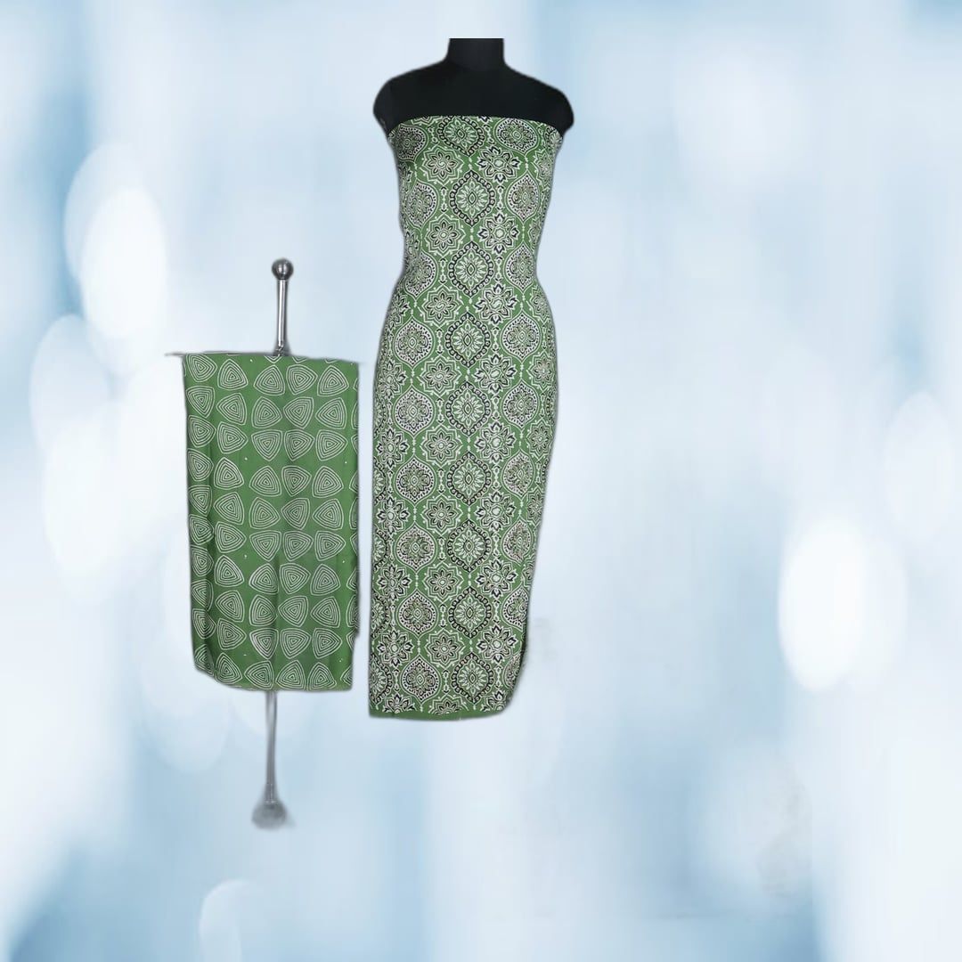 Green Ethnic Motif Unstitched Dress Material | Printed Fabric | Ethnic Casual