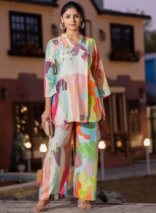 PIRRA DESIGNS Abstract Printed Mandarin Collar Cotton Tunic With Trousers