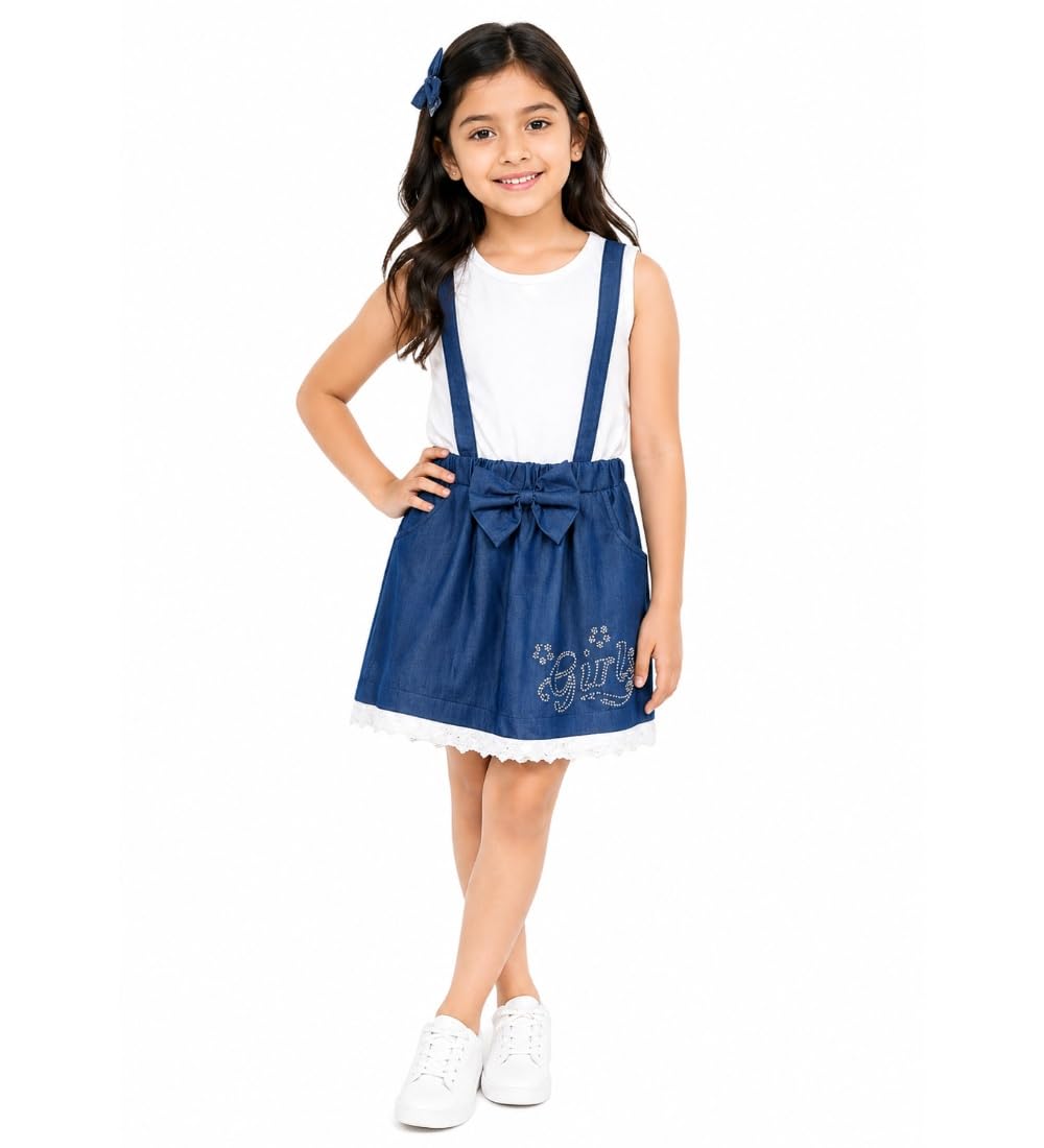Girl's Denim Embellished Sleeveless Skirt with Inner (Dark Blue, 4-5-Yrs)-PID66008
