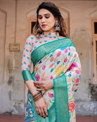 Elegant Multicolor Floral Digital Print Saree with Ornate Green Border and Artistic Pallu-Regular