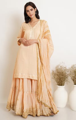 PEACH AND BEIGE TIE DYE GHARARA AND DUPATTA SET OF 3-S