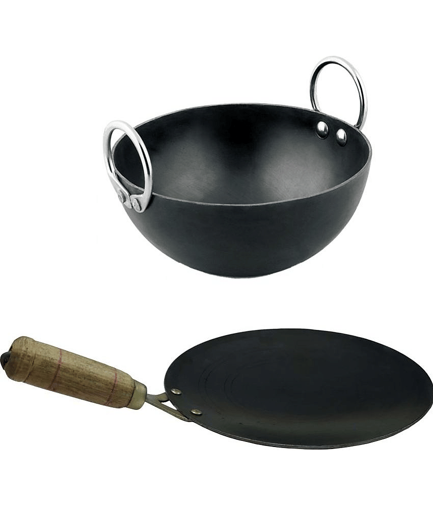 Veer Wooden Handle - Black Iron No Coating Cookware Sets ( Pack of 1 )