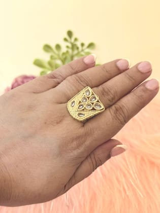 Smitam Jewels Indira Shield Adjustable Ring Kundan Gold Tone Statement Ring Smitam Jewels Indira Shield Adjustable Ring Kundan Gold Tone Statement Ring