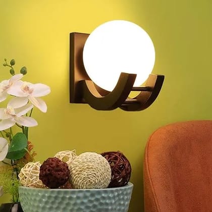 ELIANTE Wooden Wall Light with White Glass Globe Shade, Modern Decorative Wall Lamp for Bedroom Living Room Hallway Dining Decor | MDF Base & Arms | 3 Years Warranty | Free LED LAMP