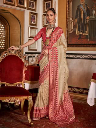 Ivory Beige Soft Silk Woven Printed Patola Designed Saree
