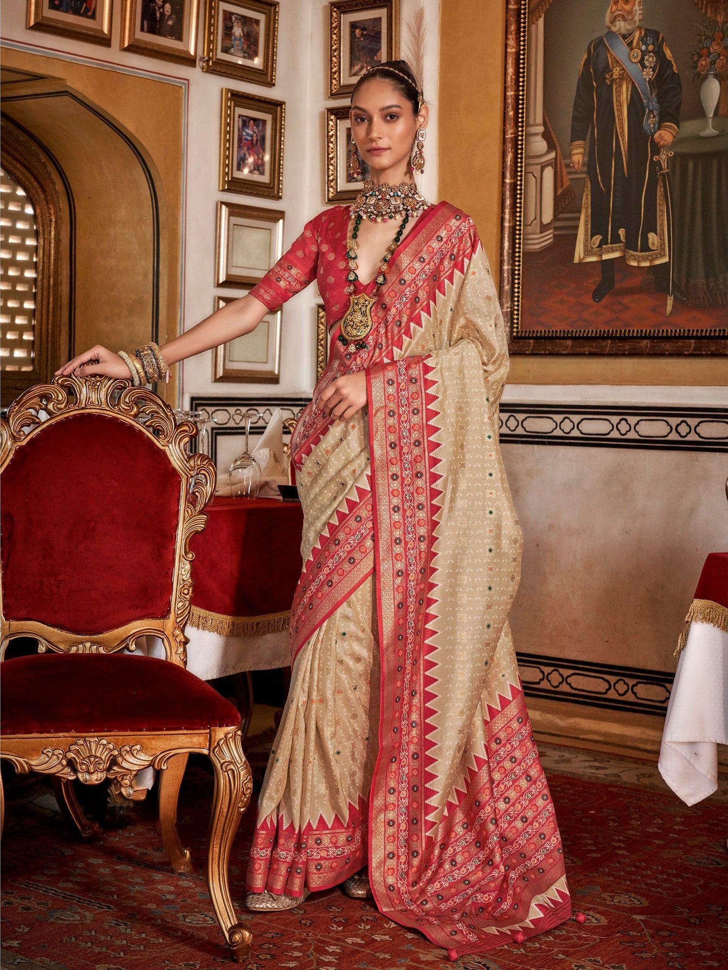 Ivory Beige Soft Silk Woven Printed Patola Designed Saree