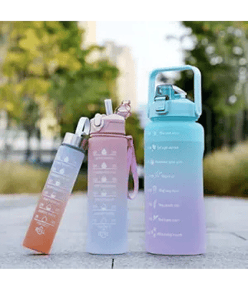 Plastic Water Bottle 3 Pcs Set With Motivational Time Marker With Straw, Leakproof Bpa Free Non-Toxic Water Bottle 2000 Ml For Office, Sports, Gym - Multicolor