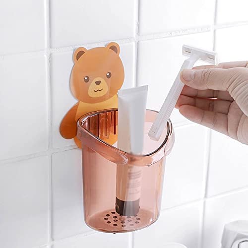 BREEPREE Self Adhesive Multipurpose Teddy Bear Toothbrush Holder with Cup Pack of 2