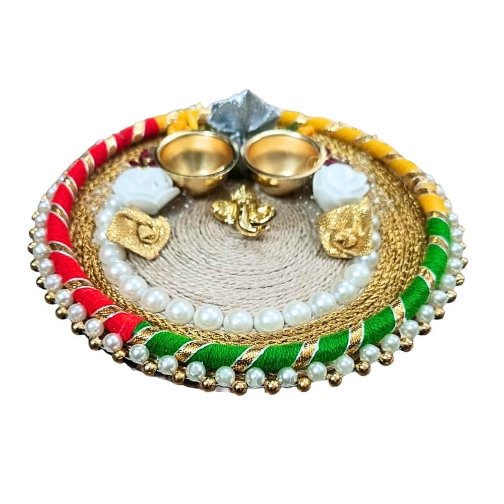 ART2ARTIST Handmade Decorative Pooja thali Set with Ganesh and Deep, for Wedding, Mandir| Handmade Arti Thali, Home Decor, Diwali Thali 6 Inch