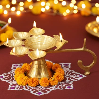 Brass Table Decor Oil Lamp Deepak 5 Wicks  - Classic Brass Deepak for Puja Rituals, Height : 2.1 Inch (FMAS317 A)