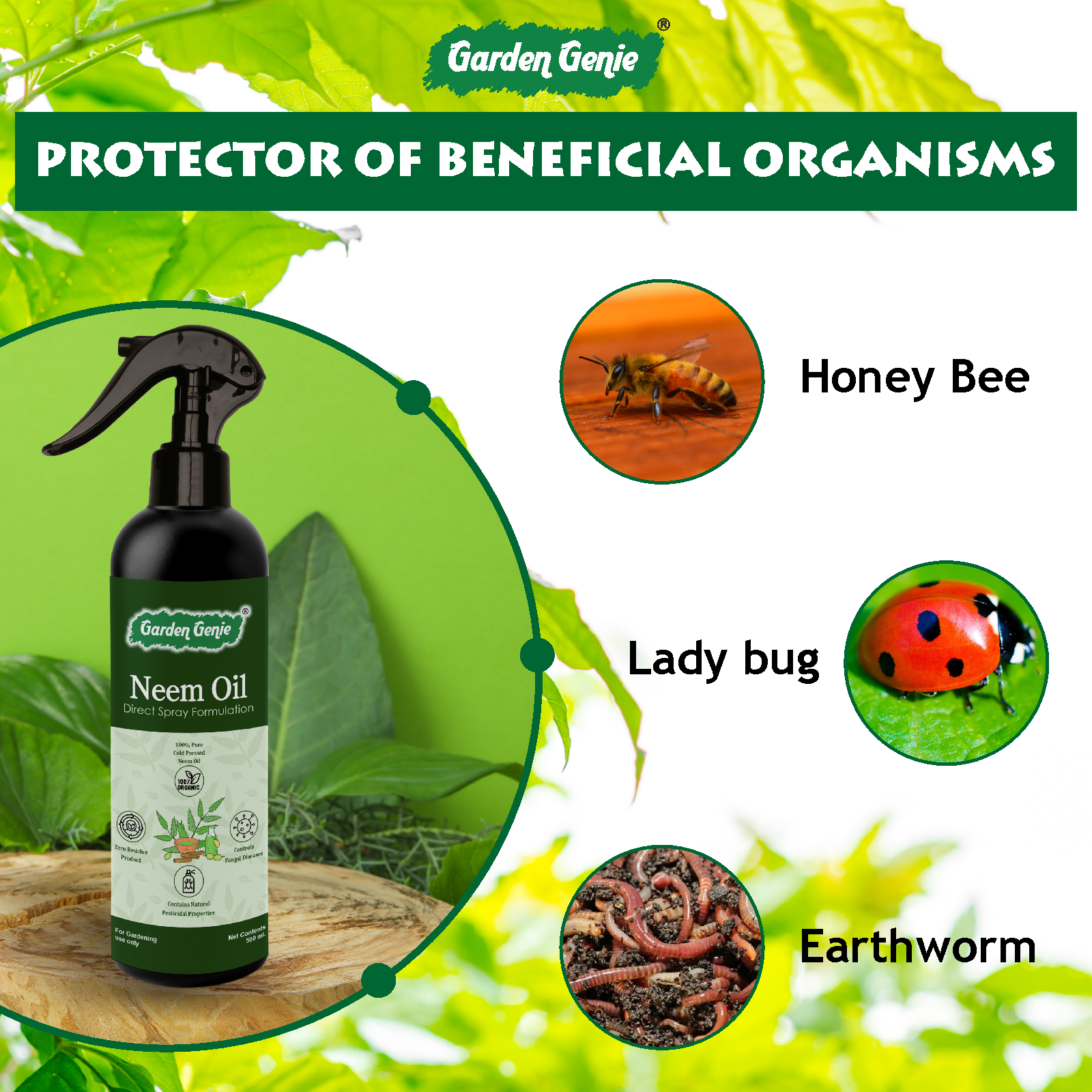 Garden Genie Neem Oil Spray for Plants 500ml | Pure Organic Cold Pressed Ready to Use Spray for Home Garden | Protect Plants from Fungus & Other Common Pests