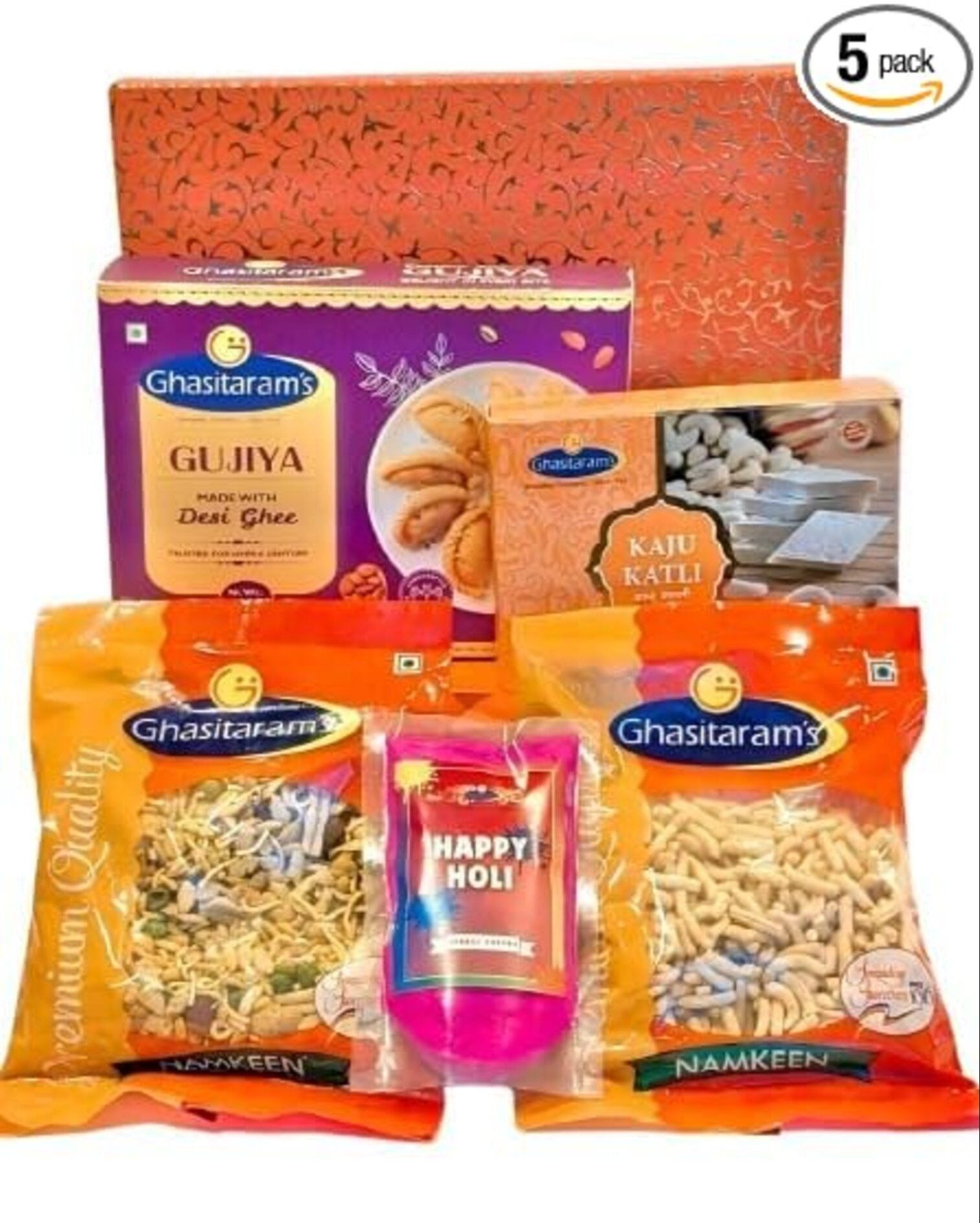 Ghasitaram's Holi Special Hamper Gujiya 400g, Kaju Katli 100g, 2 Namkeen Packets with free Organic Colour