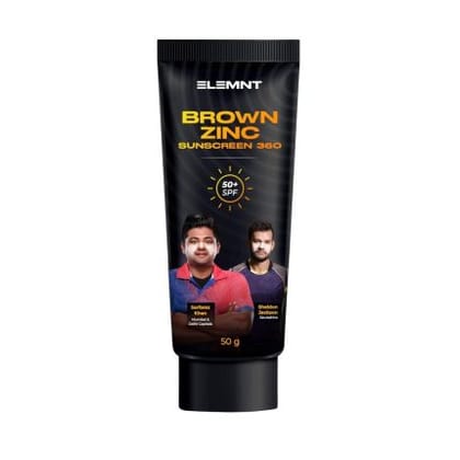ELEMNT Brown Zinc Sunscreen | SPF 50 Zinc Suncream, Broad Spectrum PA+++ with Aloe Vera | Formulated For Heavy Sun Exposure | Water Resistant Sunscreen for Cricketers & Sports| Men & Women | 50 GM