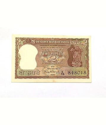 2 Rupees UNC Condition Sign. By P.C. Bhattacharya  Back Side Full Tiger