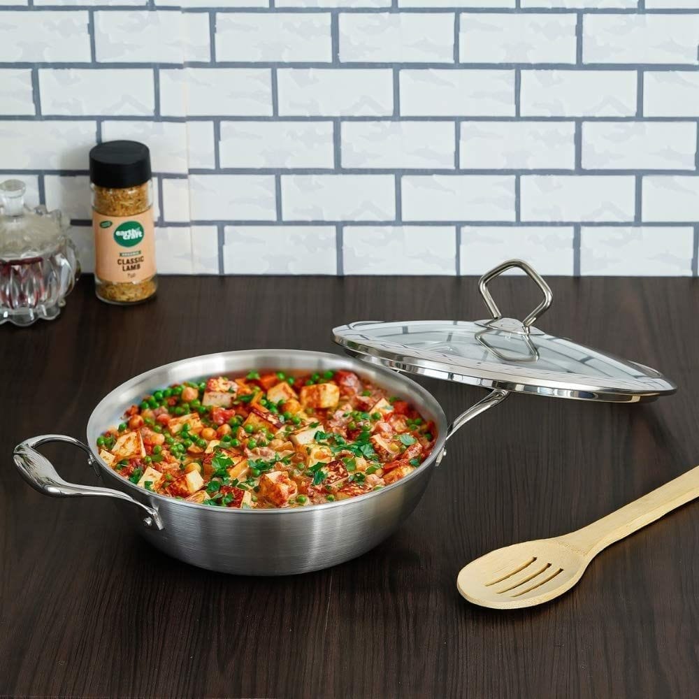 Femora Stainless Steel Tri-ply Deep Frying Kadhai Pan with Zero Non-Stick Coating with Glass Lid (Silver, 26 cm Capacity 3.2 L )